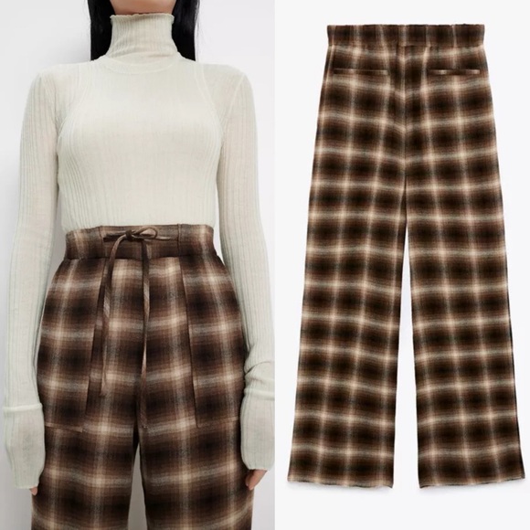 Zara Pants - ZARA | HIGH RISE SOFT BROWN PLAID NEUTRAL CLEAN GIRL PANTS TROUSERS